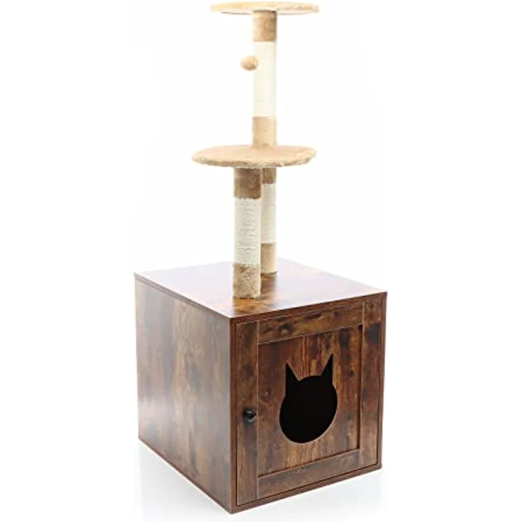 Fudajo Kratzbaum aus Holz 125 cm mit Katzenhaus, Design Katzenkratzbaum in Vintagebraun, 2in1 Katzenhaus mit Katzenklo, Kletterbaum für Katzen – Bild 1