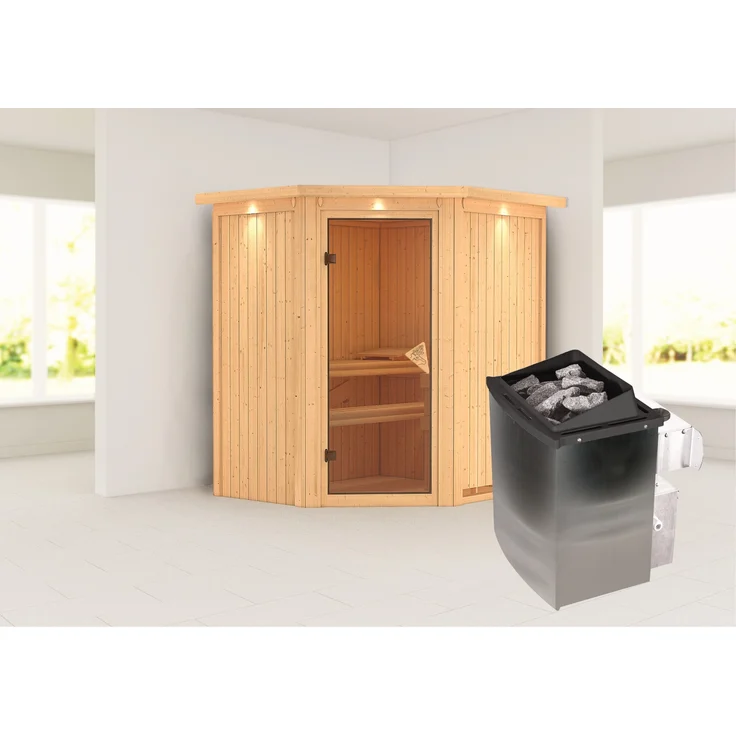 Karibu Sauna Taurin: Bronzierte Ganzglastür, Dachkranz, 9 kW Ofen + integrierte Steuerung, naturbelassenes Fichtenholz