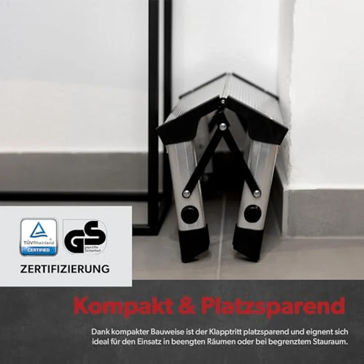 siwitec Alumium-Klapptritt 1 Stufe | Kleine Trittleiter mit rutschfesten Standfüßen | 150 kg Traglast | Geriffelte Stufen | Platzsparend | Klappleiter – Bild 5