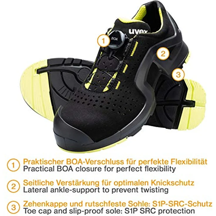 Uvex 1 X-Tended Support BOA - Sicherheitsschuhe S1P SRC ESD - Schwarz/Lime - Gr. 45 – Bild 2