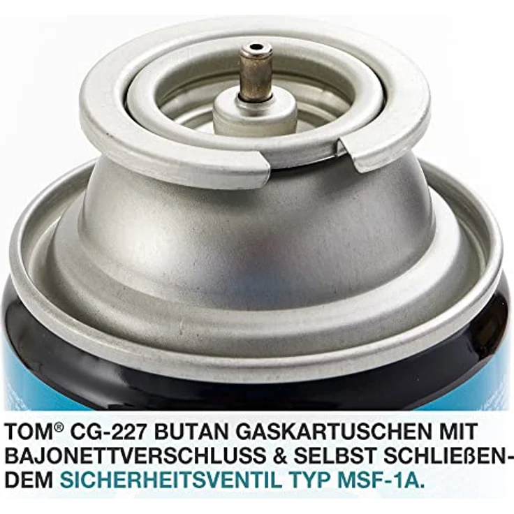 TOM Butangas Kartuschen CG-227, 8 x, 12 x oder 28 x mit MSF-1A Bajonett Ventil, ideal für Campingkocher und Unkrautbrenner – Bild 4