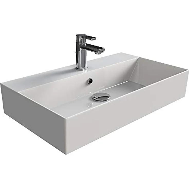 Aqua Bagno | Eckiges Design Waschbecken, hochwertige weiße Keramik, genormte Anschlüsse, Badezimmer | 700 mm x 420 mm – Bild 1