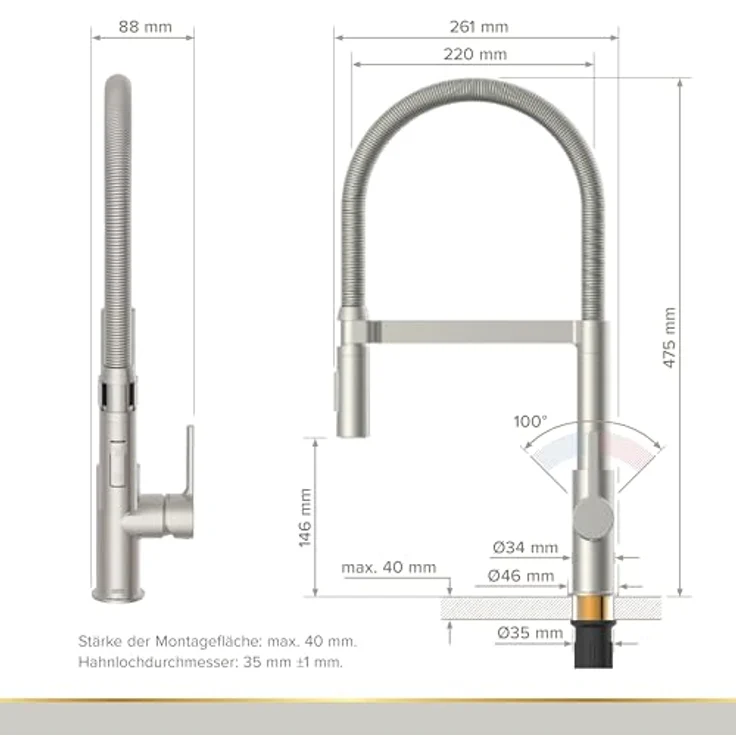 Lenz Küchenarmatur ALUNA, Edelstahl-Optik, flexible Geschirrbrause mit 2 Strahlarten, Anti-Fingerabdruck Oberfläche, 360° Schwenkfunktion – Bild 2