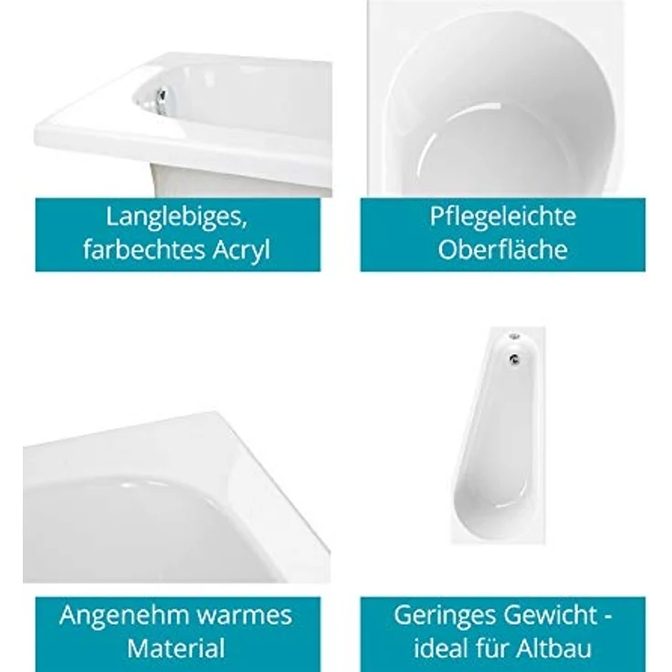 Calmwaters® Raumspar-Badewannen-Set 160x70 cm mit Wannenfüßen & Ablaufgarnitur, Acrylwanne Essential Small, platzsparende Wanne, Set Badewanne komplett, 160 x 70 cm, Weiß, 99000322 – Bild 2