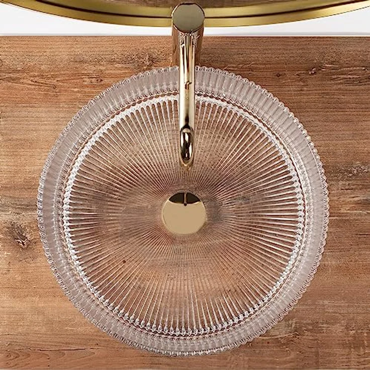 wohnwerk.idee Aufsatzwaschbecken Glaswaschbecken Ingrid Ø39,5 Schwarz Grau Weiß rund, modernes Design mit gerippter Oberfläche und luxuriösem goldfarbenen Wasserhahn – Bild 9