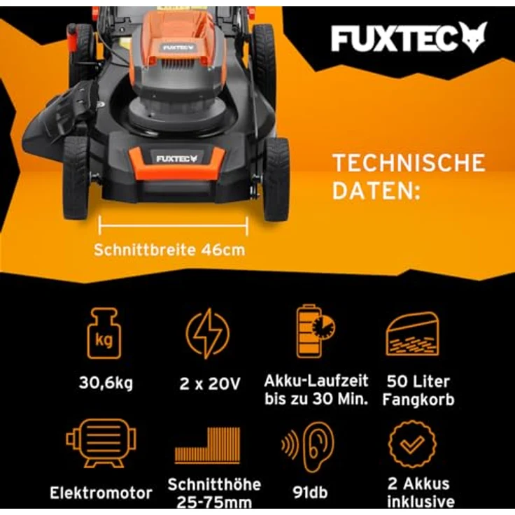 Fuxtec 4in1 Akku Rasenmäher 40V (2x20V) FX-E2RM46 mit 2x20V Li-Ion Batterie 4Ah & Doppelladegerät - Schnittbreite 46cm, Schnitthöhe 25-75mm, 50L Grasfangkorb, Mulch-Funktion, Seitenauswurf – Bild 3