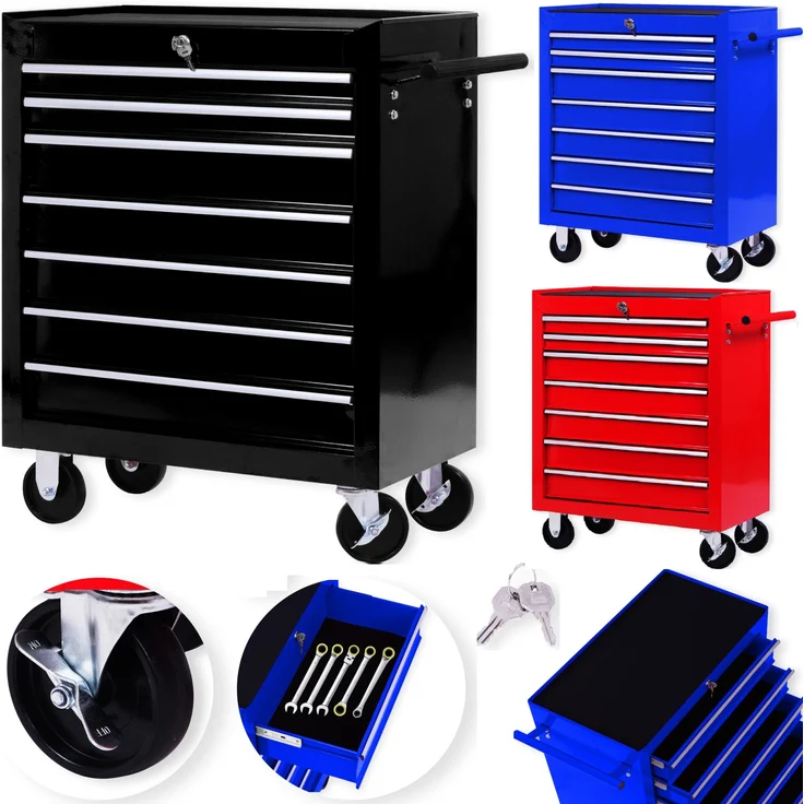 MASKO Werkstattwagen, 7 Fächer Schwarz, Werkzeugwagen mit Anti-Rutschbeschichtung und zentraler Verschlussmechanismus