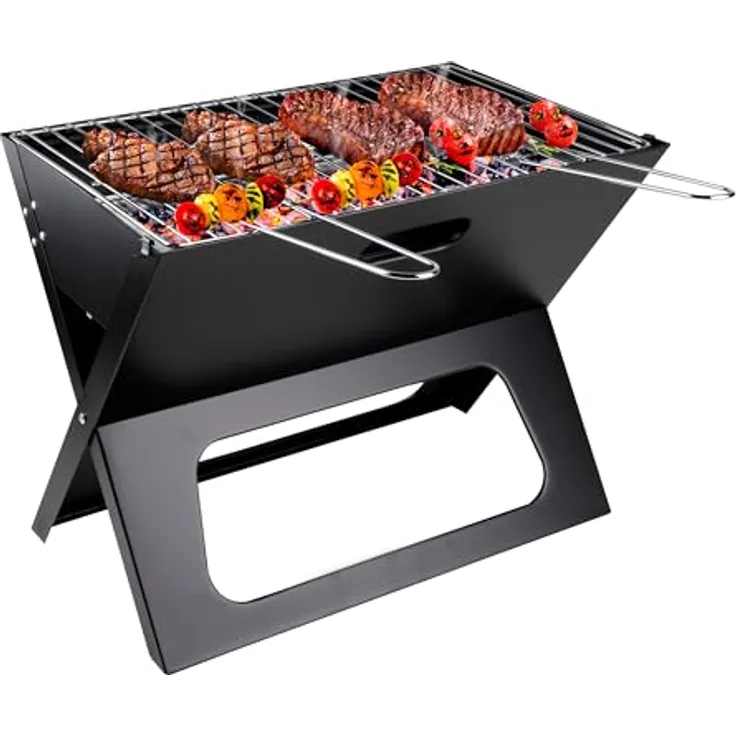 BBQ Collection Tischgrill Holzkohle, Faltbarer tragbarer Camping-Grill mit herausnehmbarer Feuerschale, schwarz