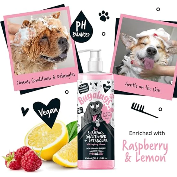 Bugalugs Hundeshampoo 3in1 mit Conditioner und Entwirrer, 500 ml, pH-neutral, vegan, mit Himbeer- und Zitronenduft, für alle Hunderassen – Bild 7