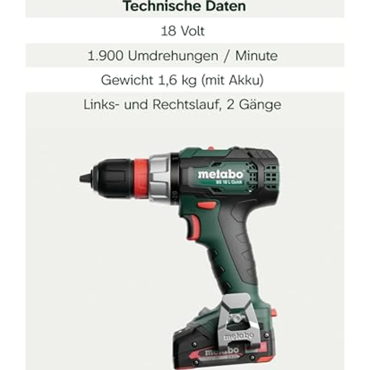Metabo Akku-Bohrschrauber BS 18 L Quick (614052500) x 145, 18V, 2x2Ah, mit LED-Arbeitslicht und Metabo Quick-System – Bild 7