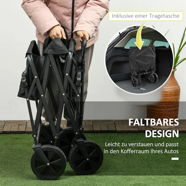 Outsunny Bollerwagen Faltbar, Transportwagen mit Sonnendach und Tragetasche, bis 100 kg belastbar, schwarz – Bild 3