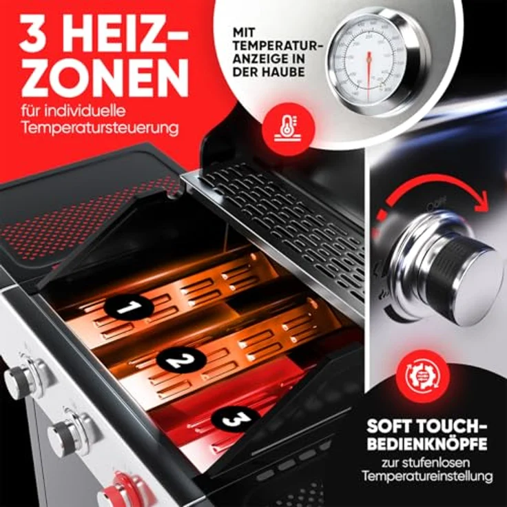 ProfiCook® Gasgrill PC GG 1310, 3-Brenner Gasgrill für Temperaturen bis zu 400°C mit gusseisernen Grillrosten, Temperaturanzeige und Flaschenöffner – Bild 3