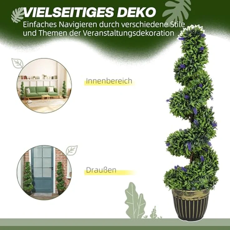 HOMCOM 2er Set Künstlicher Spiralen-Buchsbaum mit Lavendel, 115 cm große Kunstpflanze im eleganten schwarz-goldfarbenen Topf, UV geschützt für Innen- und Außenbereich – Bild 5