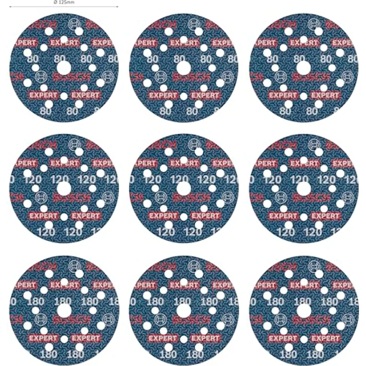 Bosch 9x EXPERT O780 Folienschleifscheiben-Set, 125 mm, 9‑tlg. (für Hartholz, Farbe auf Holz, Ø 125 mm, Körnung 3x80, 3x120, 3x180, Professional Zubehör Exzenterschleifer) – Bild 3