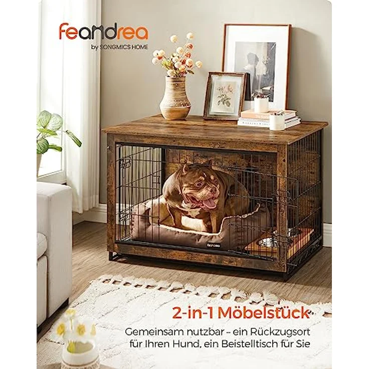Feandrea Hundekäfig Möbel, Beistelltisch, Hundebox, Moderne Hundehütte Indoor für Hunde bis zu 32 kg, hochbelastbar, vintagebraun – Bild 2