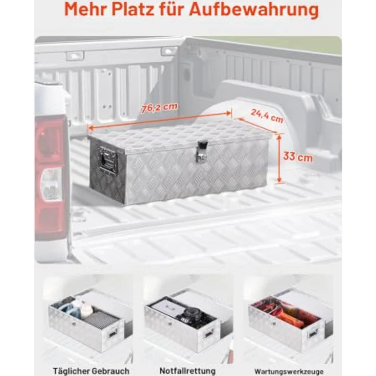 VEVOR Aluminium Werkzeugkasten für Ladefläche, wasserdicht, mit seitlichem Griff und Schlossschlüsseln, 762 x 330,2 x 243,84 mm, Silber – Bild 2