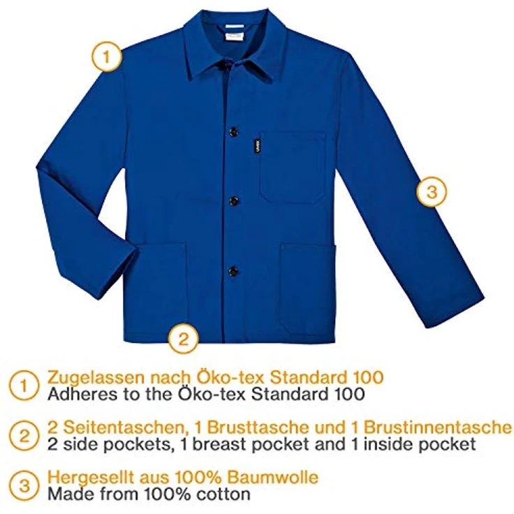 Uvex Safety Arbeitsjacke uvex eco, kornblau, Öko-Tex Standard 100, 100% Baumwolle, praktische Taschenanordnung, lange Schnittform, bei 60°C waschbar – Bild 2