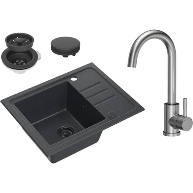 VBChome Granitspüle Schwarz mit Armatur 55 x 44 cm Einzelbecken Einbauspüle Reversibel Gesprenkelt Mit Siphon und Edelstahl-Armatur Inox Pflegeleichtes Set Ideal für kleine Küchen