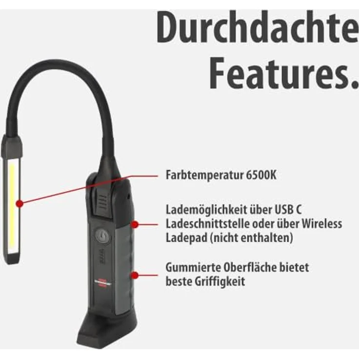 Brennenstuhl Professional Akku LED Handlampe HL 800 ACW, 800lm Arbeitsleuchte mit 15h Leuchtdauer, Magnet, tauschbarer Akku, Wireless Charging, inkl. USB C Kabel – Bild 4