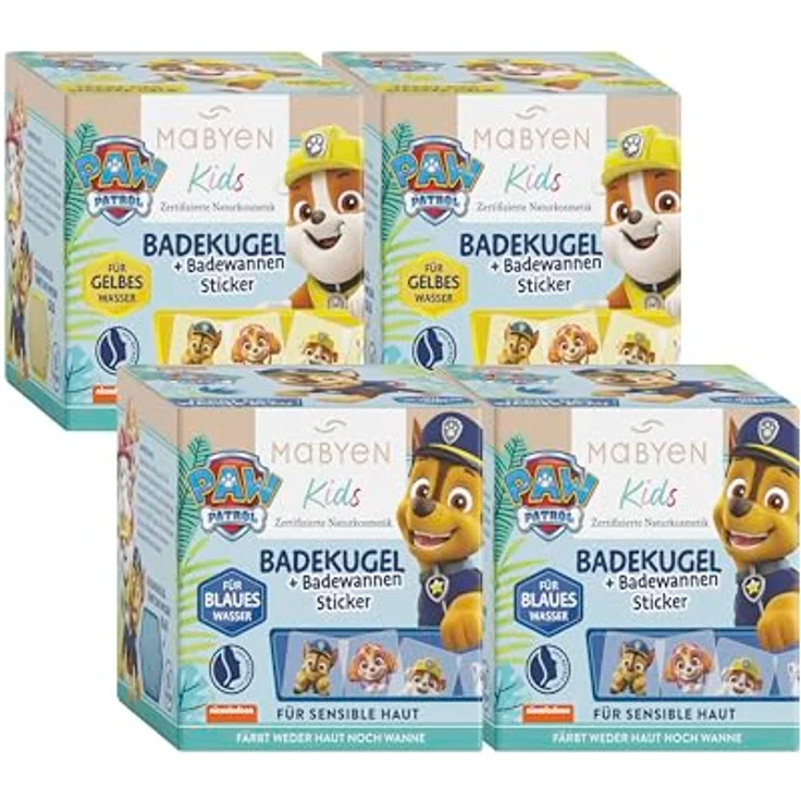 MABYEN PAW PATROL Kids Badekugel Set, Naturkosmetik mit 2x blauen Chase Badekugel (Blaubeerduft) & 2x gelben Rubble Badekugel (Tropical Duft), vegan und hautfreundlich – Bild 1