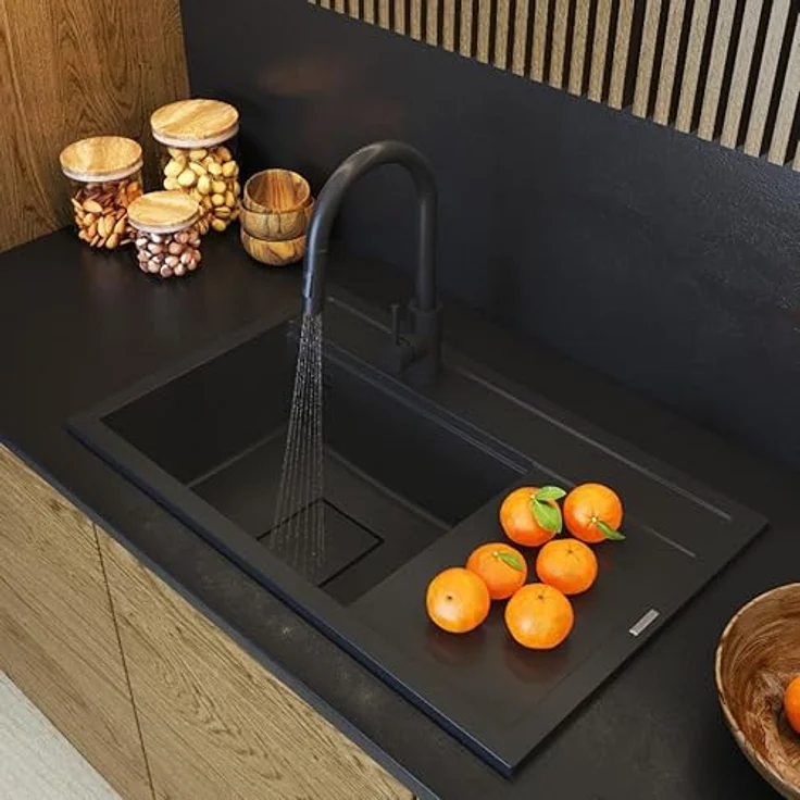 Granitan Spülbecken RENDO 81x50,5x22 cm - Hitzebeständig und leicht zu reinigen - Einbauspüle mit Abtropffläche und Siphon - Schwarz – Bild 2