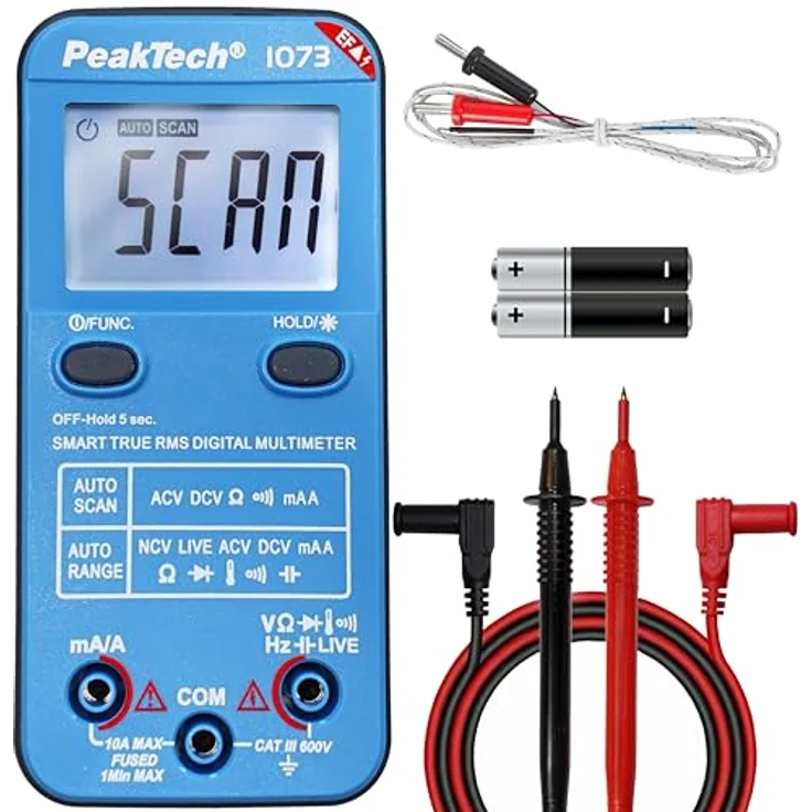 PeakTech 1073 True RMS SMART Multimeter, Auto-Range, 4.000 Counts, Durchgangsprüfer, Mehrfach-Messgerät, Voltmeter; 600V - 10A, NCV und Live-Test in Blau/Rot – Bild 1