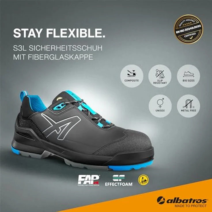 Albatros TARAVAL BLACK/BLUE LOW S3L ESD FO SR, Sicherheitsschuhe mit abriebfester Laufsohle und EVERCUSHION® RELIEFT Fußbett – Bild 3