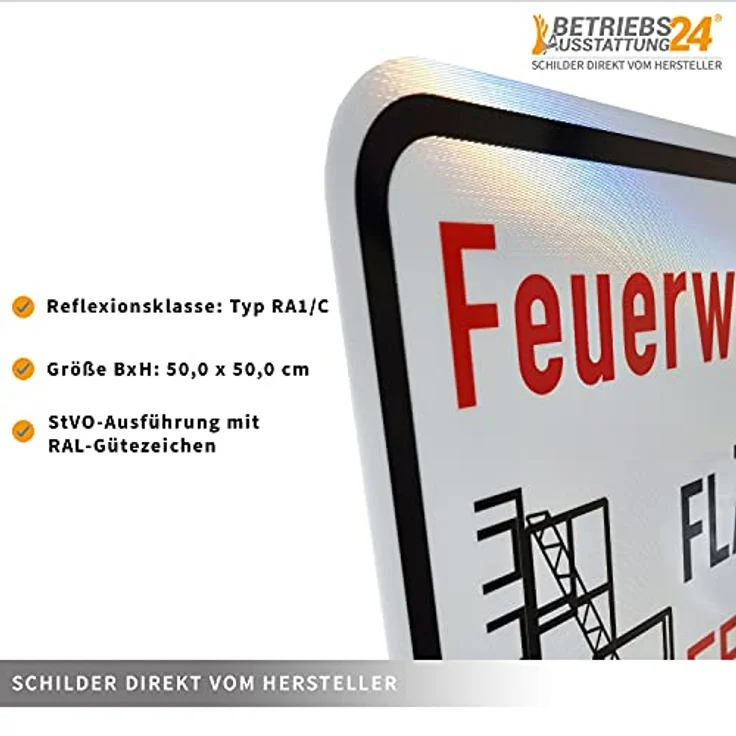 Betriebsausstattung24® Brandschutzschild „Feuerwehrzufahrt Fläche für die Feuerwehr freihalten“ | Aluminium, retroreflektierend | Typ RA1/C | BxH 50,0 x 50,0 | StVO Nr. 2049 – Bild 2