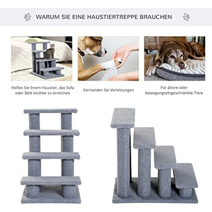 PawHut Tiertreppe Katzentreppe Hundetreppe Treppe für Katze und Hunde 4 Stufen Grau 63,5x43x60cm – Bild 5