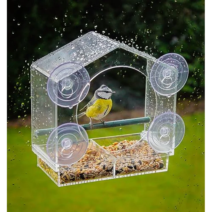Fenster Futterhäuschen für Vögel - 20 x 18 cm - Transparentes Vogelhäuschen mit Saugnäpfen und Sitzstange - Vogel Futterstation Futterhaus Futterstelle Futterspender zum Befestigen an Glasscheiben – Bild 3