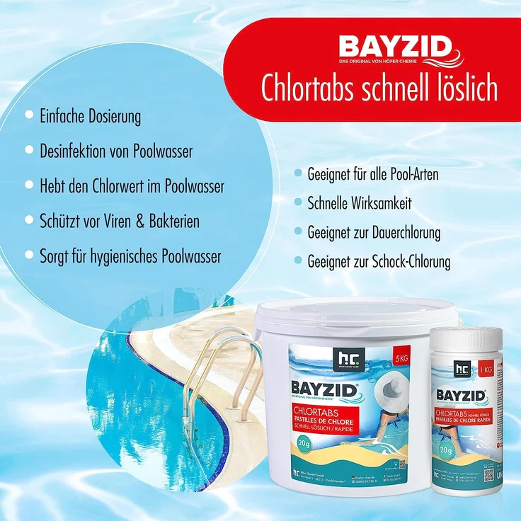 2 x 5 kg BAYZID Chlortabs 20g schnell löslich Aktivchlorgehalt von 56%, hocheffektiv gegen Keime & Bakterien, organisch, pH-neutral, Schock-Chlorung und Dauerchlorung – Bild 3