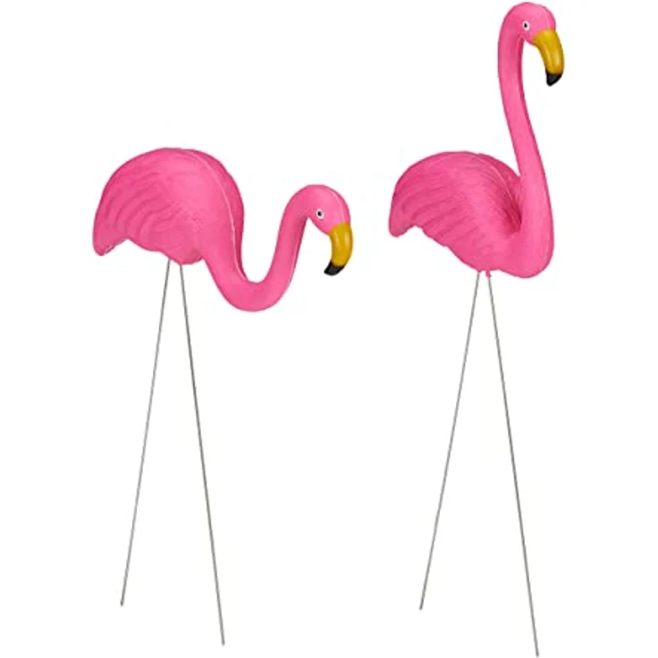 Relaxdays Flamingo Figur 2er Set, niedliche Gartendeko, tropisches Flair, Kunststoff, Metall, Dekofigur 2 Größen, pink – Bild 2
