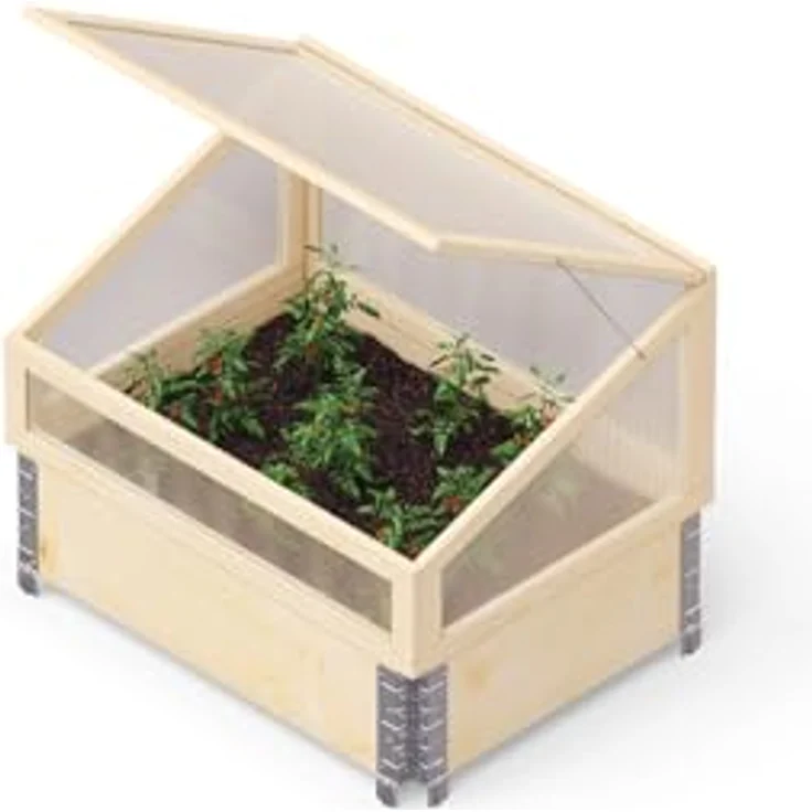 Upyard Holz Frühbeet - Gewächshaus für Hochbeet 80x60 cm mit verschließbarem Deckel, klein Treibhaus aus Massivholz und UV-geschützem Polycarbonat, Frühbeetaufsatz 80x60x40, Naturholz – Bild 3