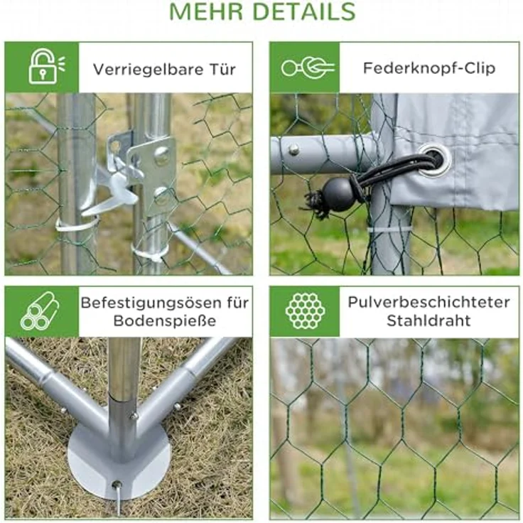 PawHut Hühnerstall aus Stahl, 280 x 190 x 197 cm, mit UV-beständiger Abdeckung, abschließbarer Tür, für 4-6 Hühner, silber – Bild 6