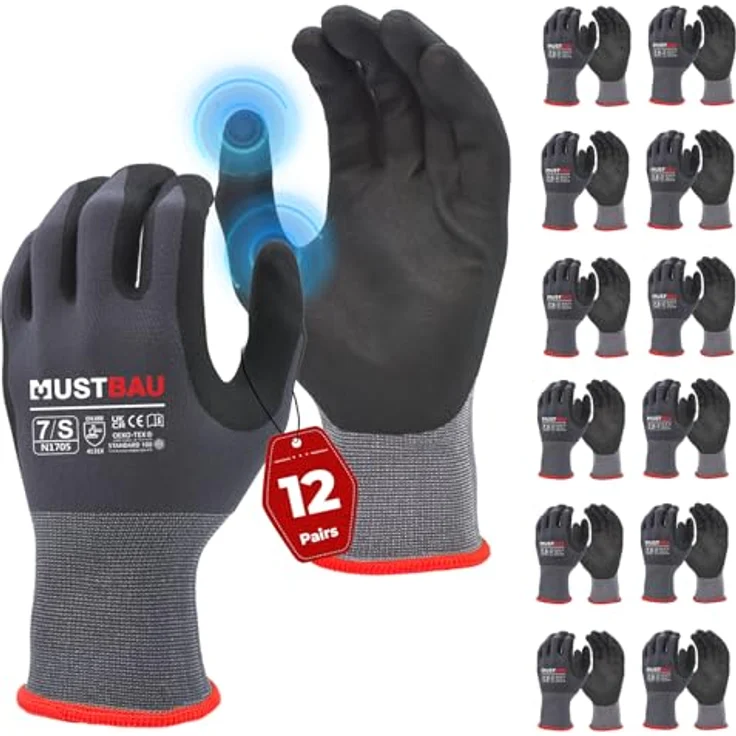 Mustbau Arbeitshandschuhe Schwarz, Nitril-beschichtete Arbeitshandschuhe mit Touchscreen-Funktion für Montage, Mechanik und Gartenarbeit, Gr. S, 12 Paar – Bild 1