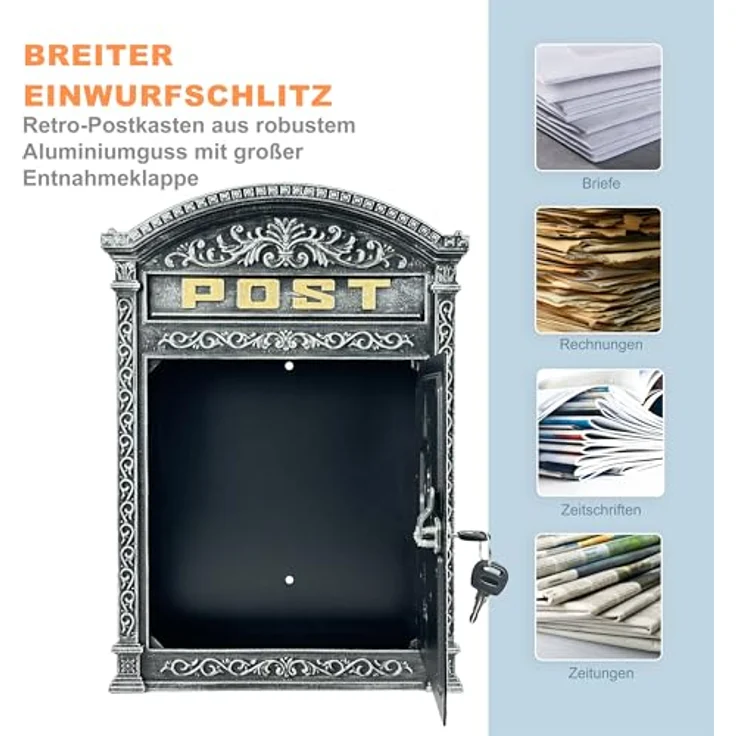 relaxdays Briefkasten Antik, grau, Vintage-Design mit Zylinderschloss und breitem Briefschlitz – Bild 5