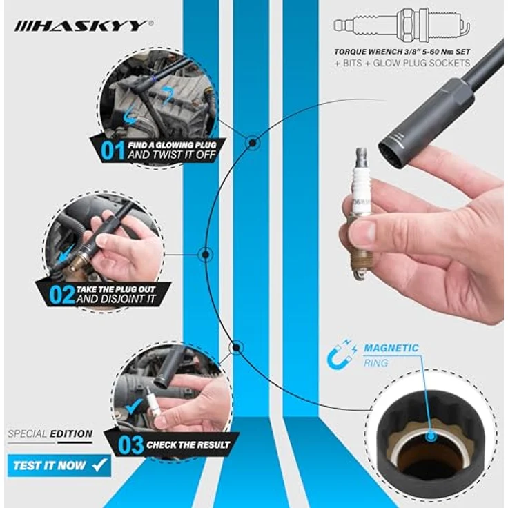 HASKYY Drehmomentschlüssel 3/8" 5-60Nm, Motorrad Ratsche Knarre, inkl. Bits und G-Nüsse – Bild 6