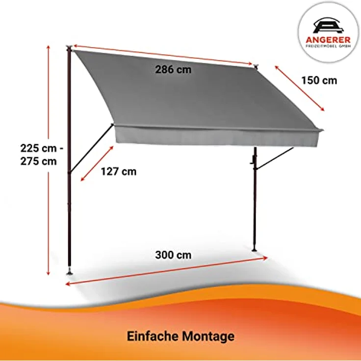 Angerer Klemmmarkise Style, Handkurbel, 300 cm, grau, UV-beständig, wasserabweisend, höhenverstellbar, einfache Montage ohne Bohren, Made in Germany – Bild 4