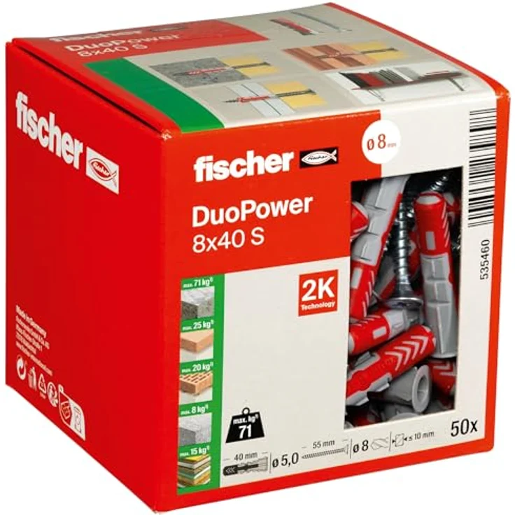 fischer DuoPower 8 x 40 S, Universaldübel mit Sicherheitsschraube, 2-Komponenten-Dübel für Beton, Ziegel, Stein und Gipskarton, 50 Dübel + 50 Schrauben – Bild 1