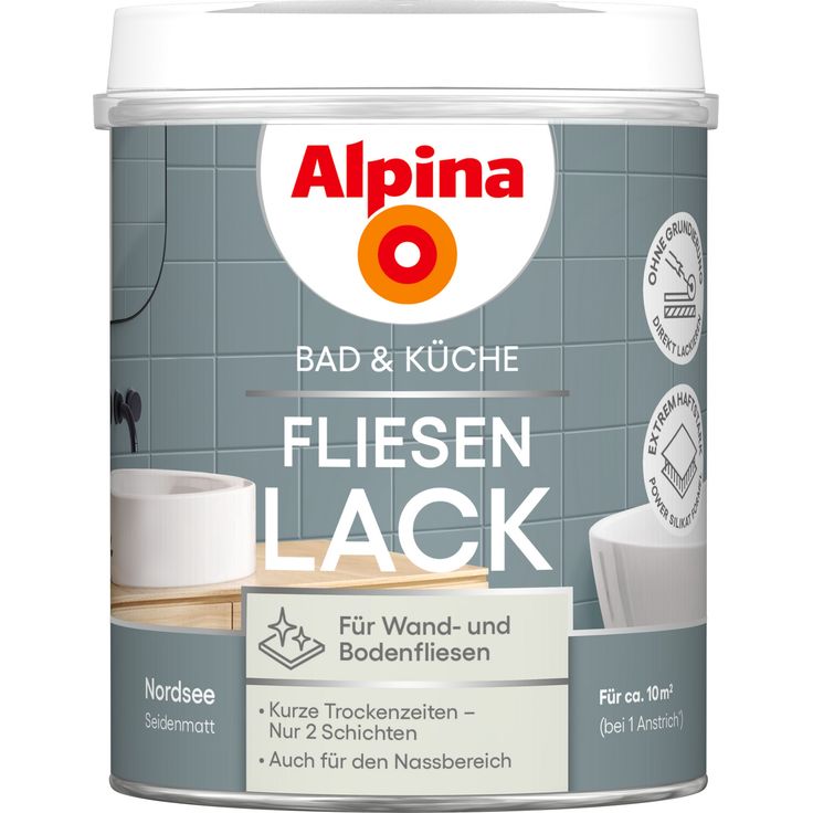 Alpina Fliesenlack 2K Nordsee, seidenmatt, 750 ml, für Nassbereiche, schnell trocken, ohne Grundierung