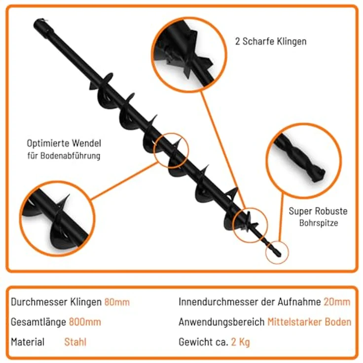 EBERTH Erdbohrer Gartenschnecke, 80 mm Durchmesser, 800 mm Länge, Aufnahme 20 mm, schwarz lackiert – Bild 2