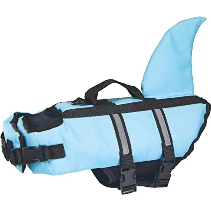 Nobby Sharki, Hundeschwimmweste in Blau mit Haifischflossen, reflektierenden Streifen und justierbaren Klickverschlüssen, Größe M für Hunde bis 25 kg – Bild 1