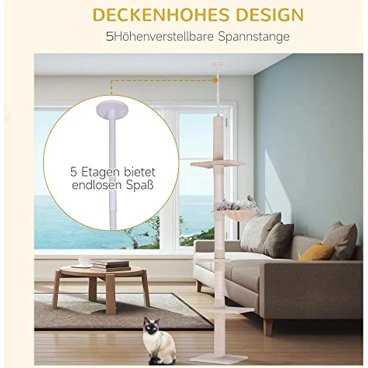 PawHut Kratzbaum Deckenhoch höhenverstellbar, Katzenbaum mit Sisalsäulen, Katzenkratzbaum, Katzen Kletterbaum, Beige, 40 x 34 x 230-260 cm – Bild 5
