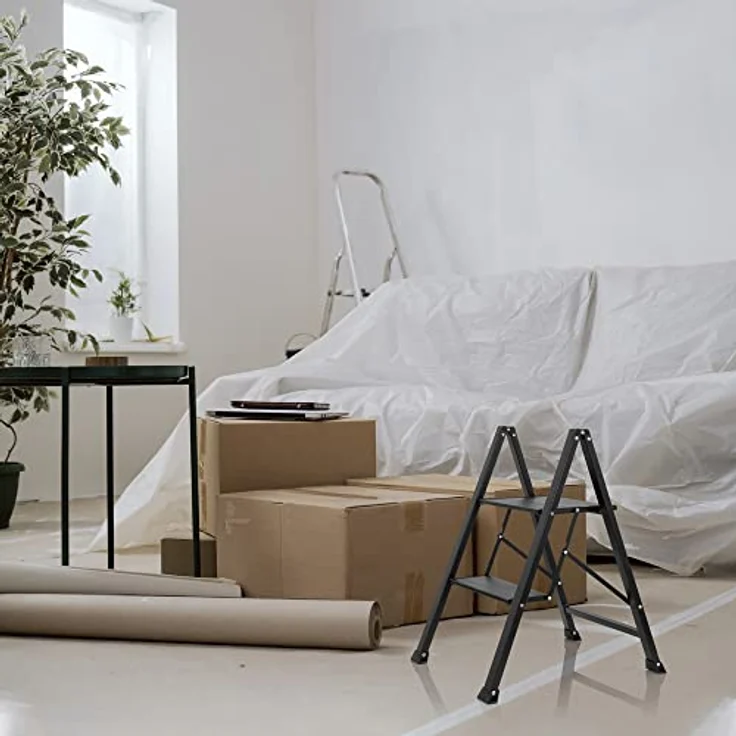 hjh OFFICE 801204 Klapptritt 2 Stufen SOLID W5 Stahl Trittleiter, bis 150 kg belastbar, Tritt klappbar, Schwarz – Bild 5