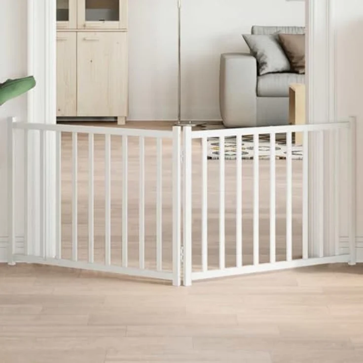 vidaXL Hundetor 3-TLG., Hundegitter Faltbar Pflegeleicht, Schutzgitter für Wohnzimmer Küche Treppe, Haustiertor Türschutzgitter, Weiß Massivholz Tanne – Bild 2