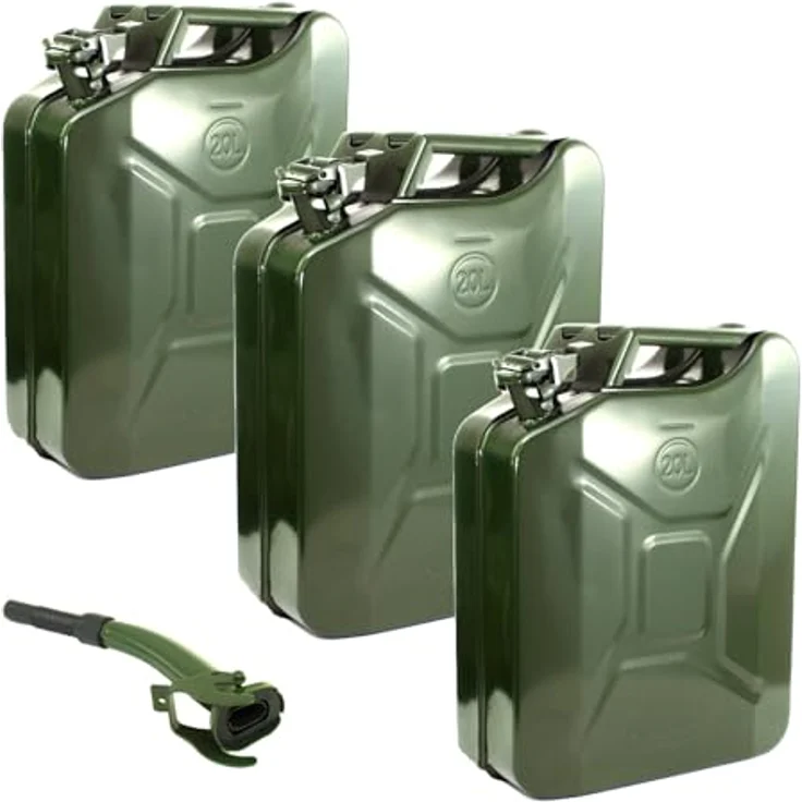 Holmwerk 3x Kraftstoffkanister Metallkanister mit Ausgießer, UN-Zulassung, Olivgrün RAL6003, 20 Liter für Benzin und Diesel – Bild 1