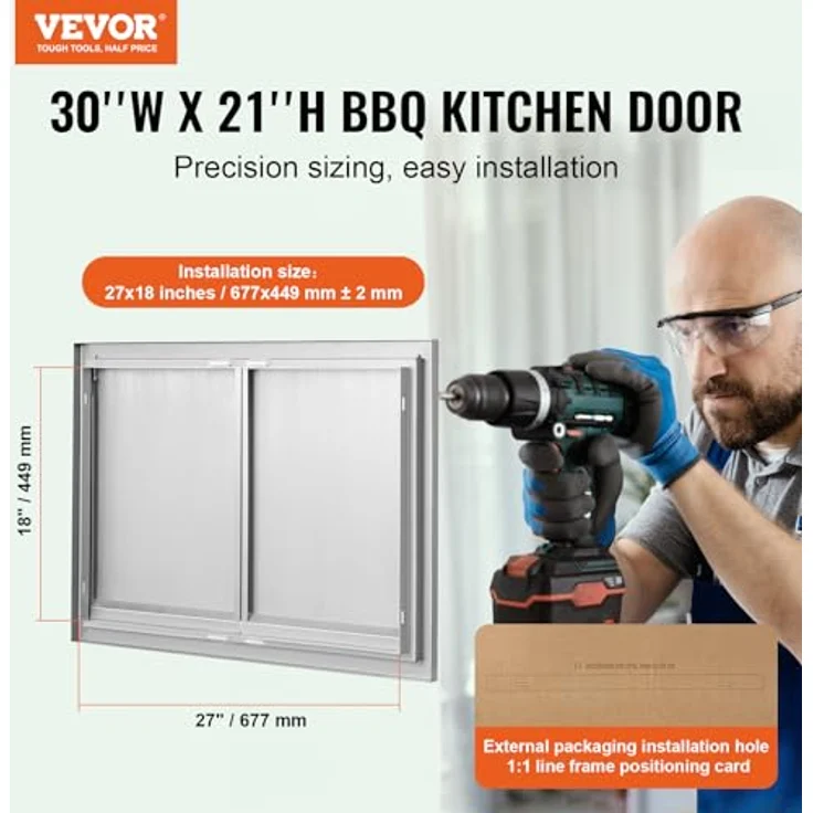 VEVOR Grill-Zugangstür, Doppelte Außenküchentür aus Edelstahl, 762 x 532 x 45 mm, vertikale Wandtür mit versenkbaren Griffen – Bild 2