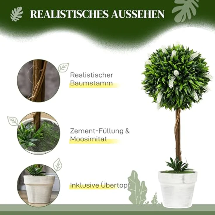 HOMCOM Kunstpflanze 2er-Set groß 60 cm Lavendelbäume, für Innen- und Außenbereiche, weiß – Bild 3