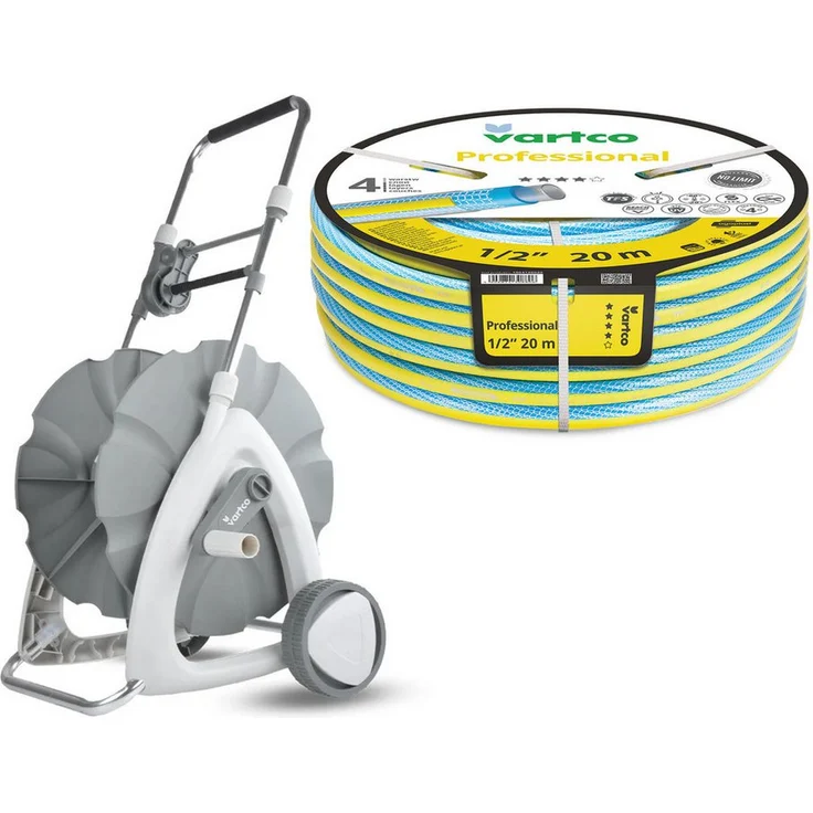 Vartco Schlauchwagen Professional Gartenschlauch 1/2'', 20 m, mit robustem Stahlrahmen und 145 mm Rädern, blau mit gelbem Streifen