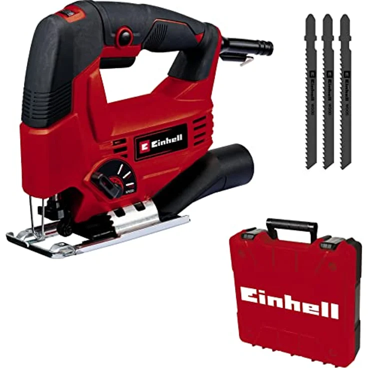 Einhell Stichsäge TC-JS 80/1 Kit (550 W, 20 mm Hubhöhe, Pendelhubfunktion, 80 mm Schnitttiefe in Holz, 10 mm in Stahl, 3.000 min-1, inkl. 3x T-Schaft Sägeblatt) – Bild 1